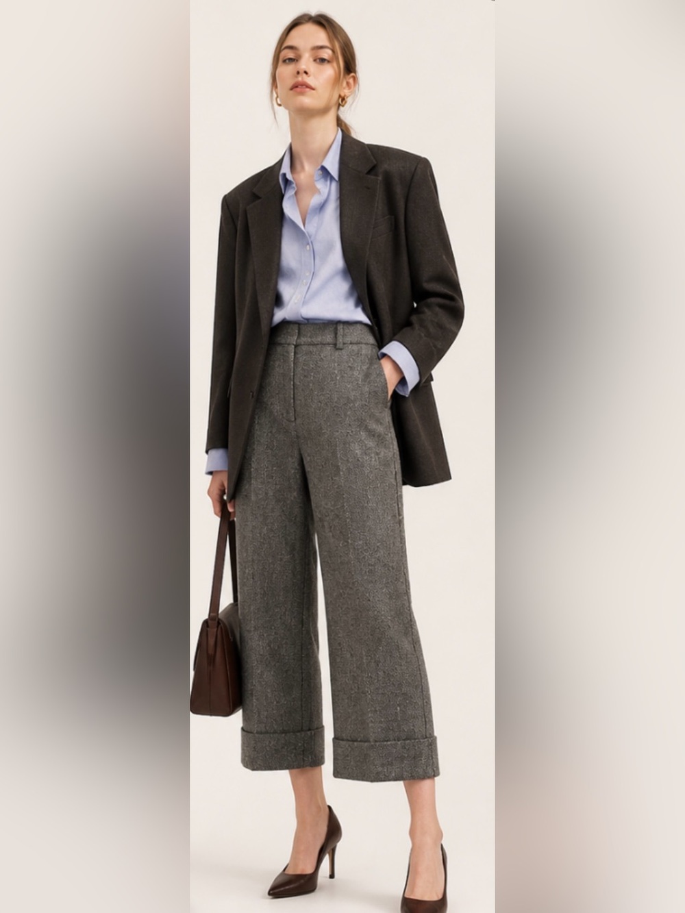 ETCETERA Pants Cropped Wool Herringbone Cuffed Gray
